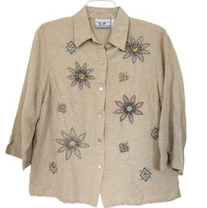 Vintage Alfred Dunner 100% Silk Artsy Floral Embroidered 3/4 Sleeve Shirt Sz 8 P
